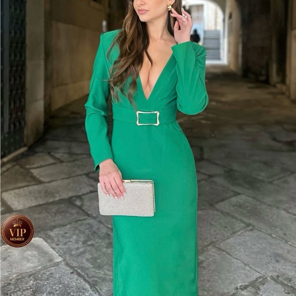 Green Deep V Neck Long Sleeve Sheath Maxi Dress - Picture 3 of 8